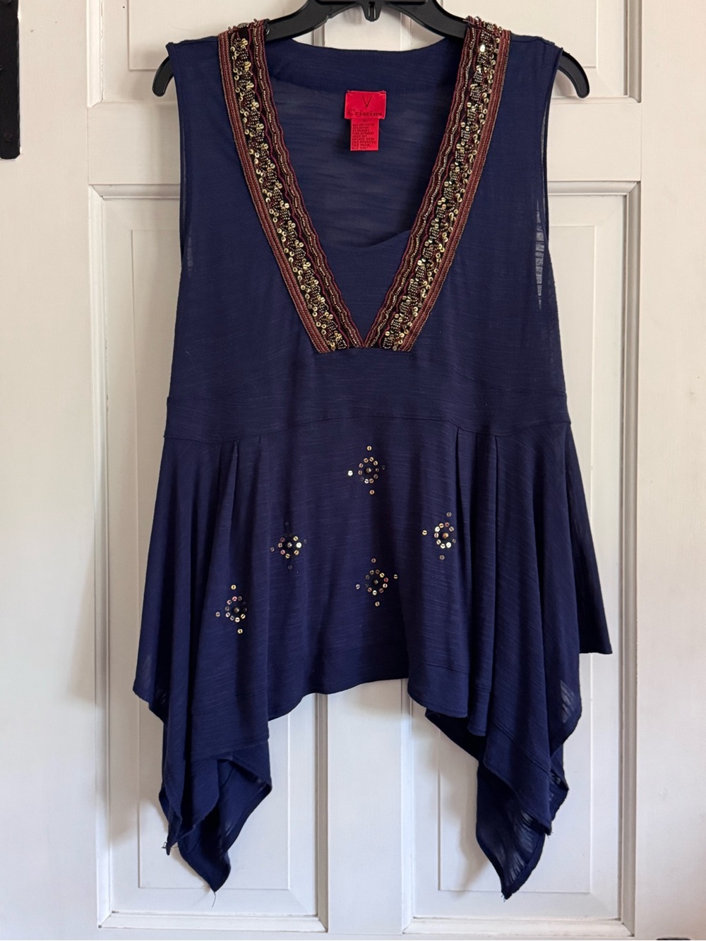 V Christine Sleeveless Navy Embellished V-Neck Women’s Top